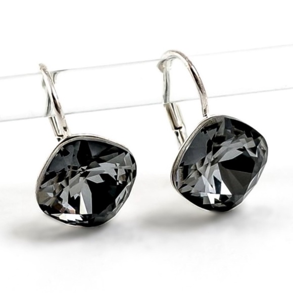 Gray Austrian Crystal Silver Lever Back Earrings - Picture 3 of 8